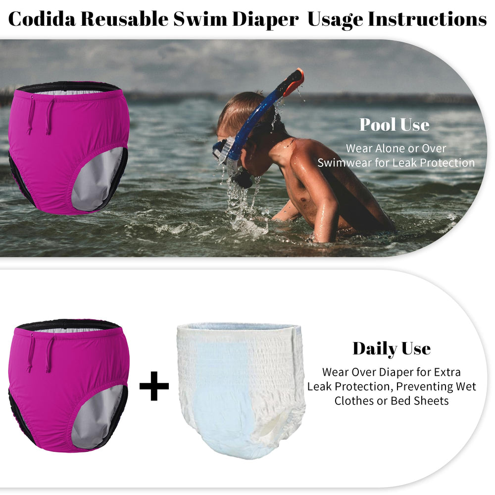 Codida 3T to Youth swim diaper pink side view demonstrates snug fit and quick protection.
