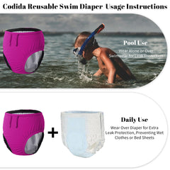 Codida 3T to Youth swim diaper pink side view demonstrates snug fit and quick protection.