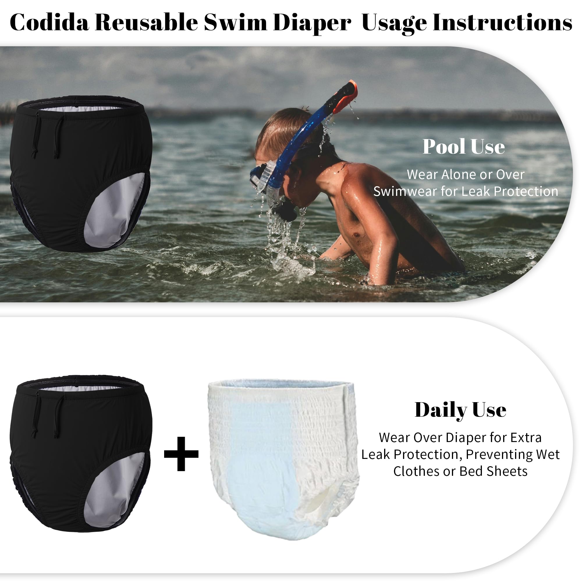 Codida swim diaper three-layer leak-proof structure shows outer look with skin-safe inner layer