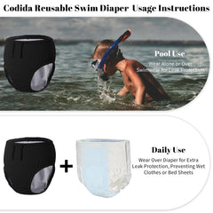 Codida swim diaper three-layer leak-proof structure shows outer look with skin-safe inner layer