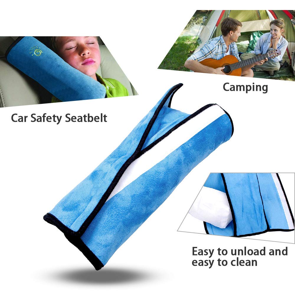 coffled blue seatbelt pillow edge view highlighting compact travel size.