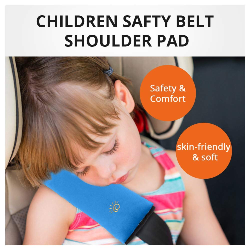 coffled blue seatbelt pillow head-support closeup for booster seats.