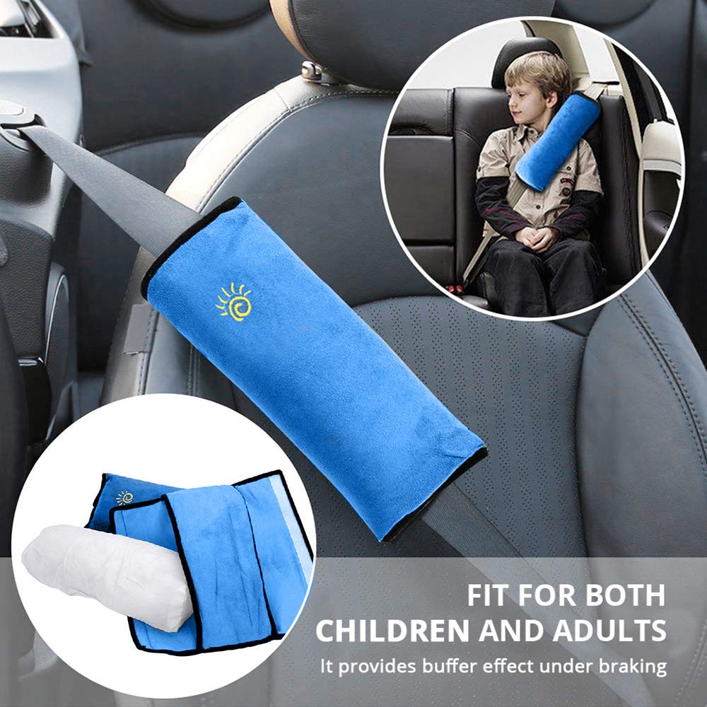 coffled blue seatbelt pillow kids side view for neck support on long trips.