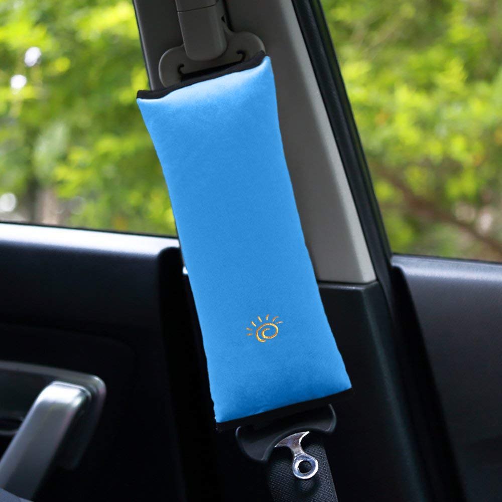 coffled blue seatbelt pillow soft fabric detail for kid-friendly travel.