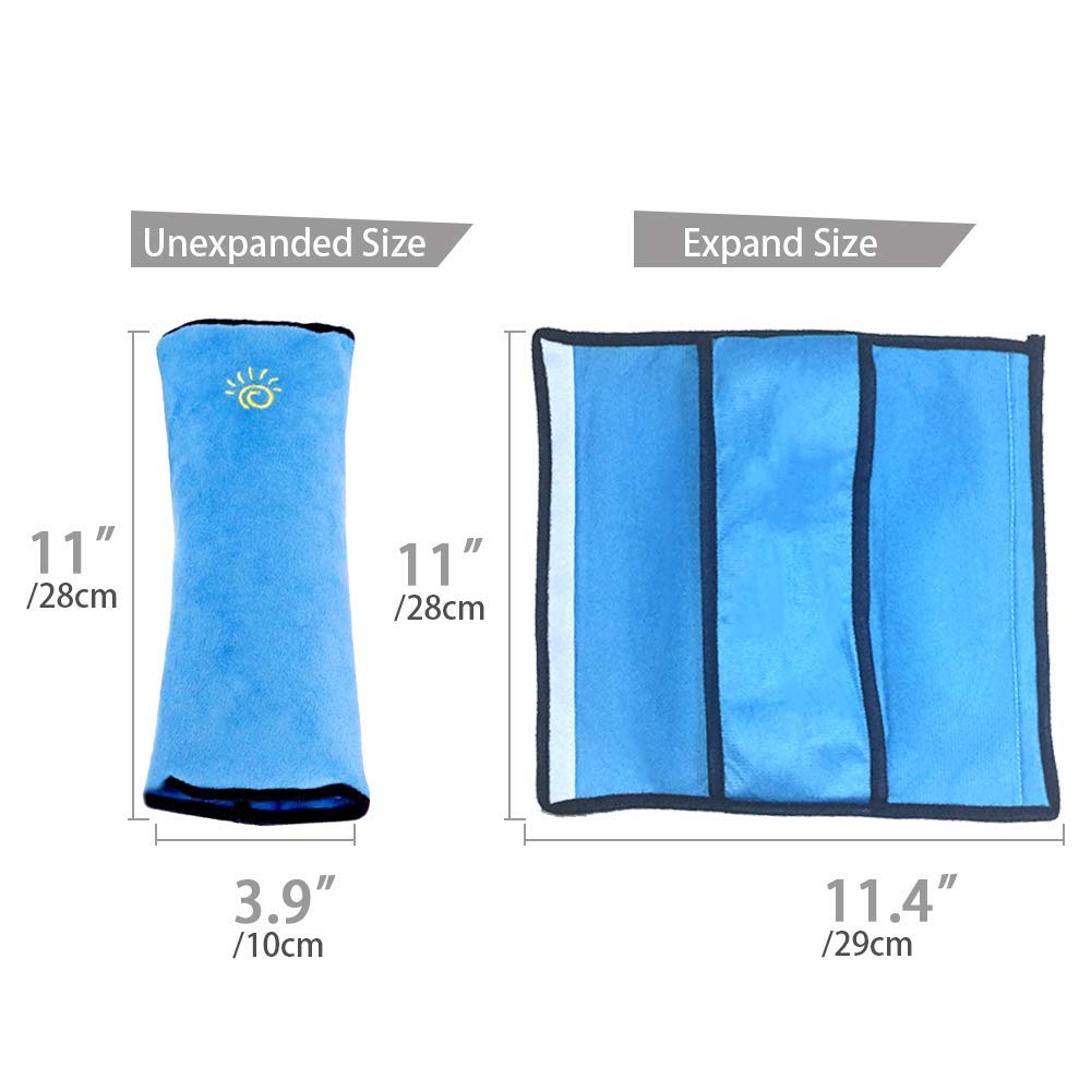 coffled blue seatbelt pillow toddler travel setup in car seat.