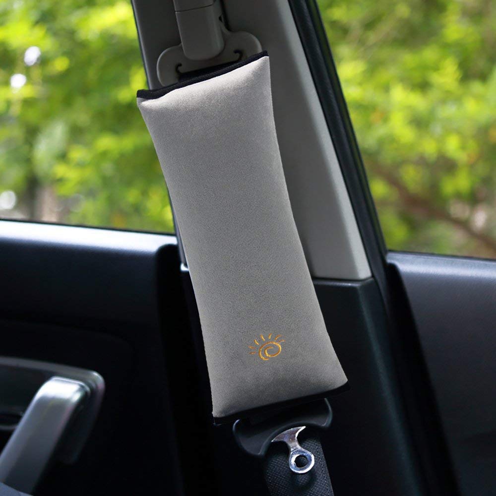 COFFLED gray seatbelt pillow makes a thoughtful travel gift for families