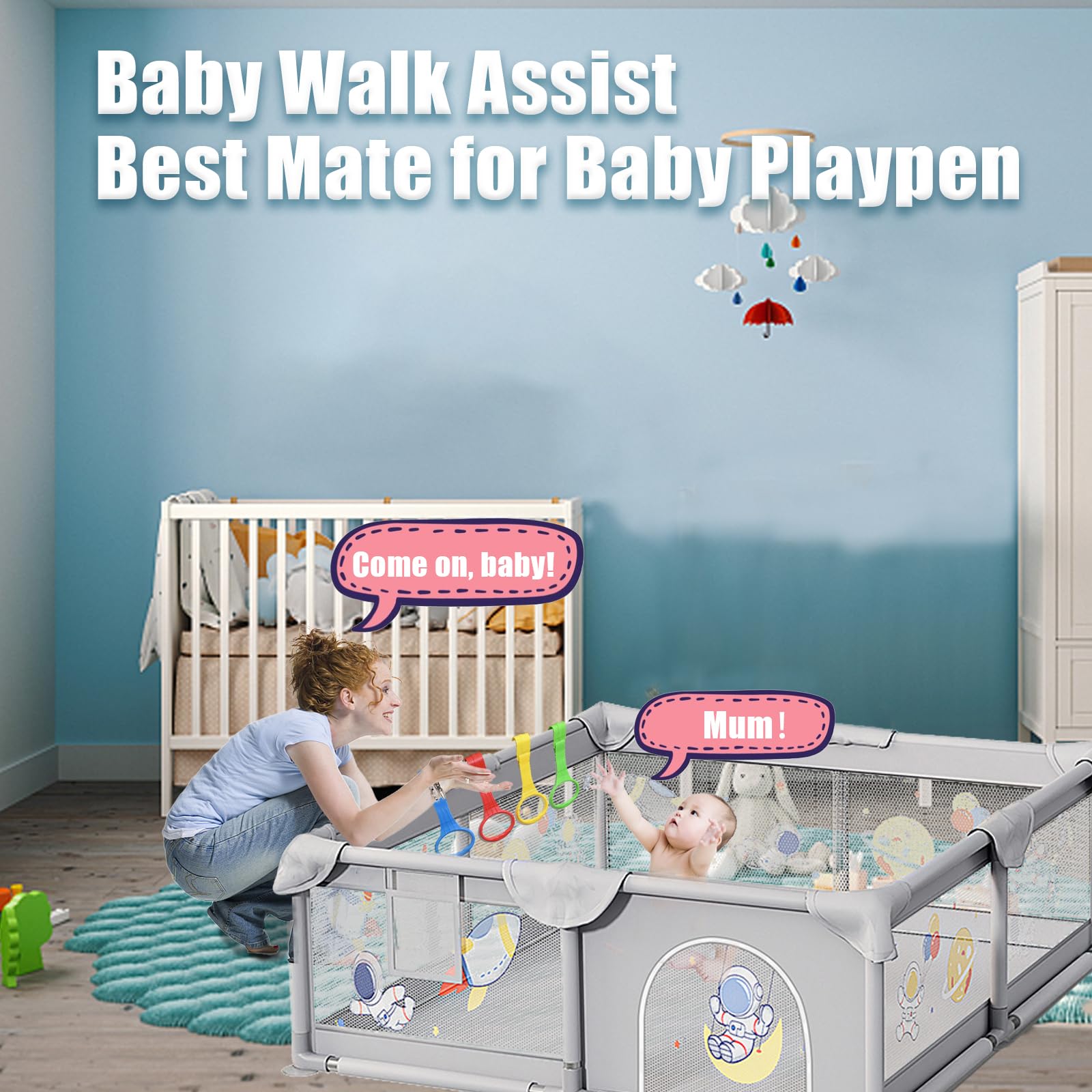 COHEXA baby pull up rings shown on crib edge for secure grip