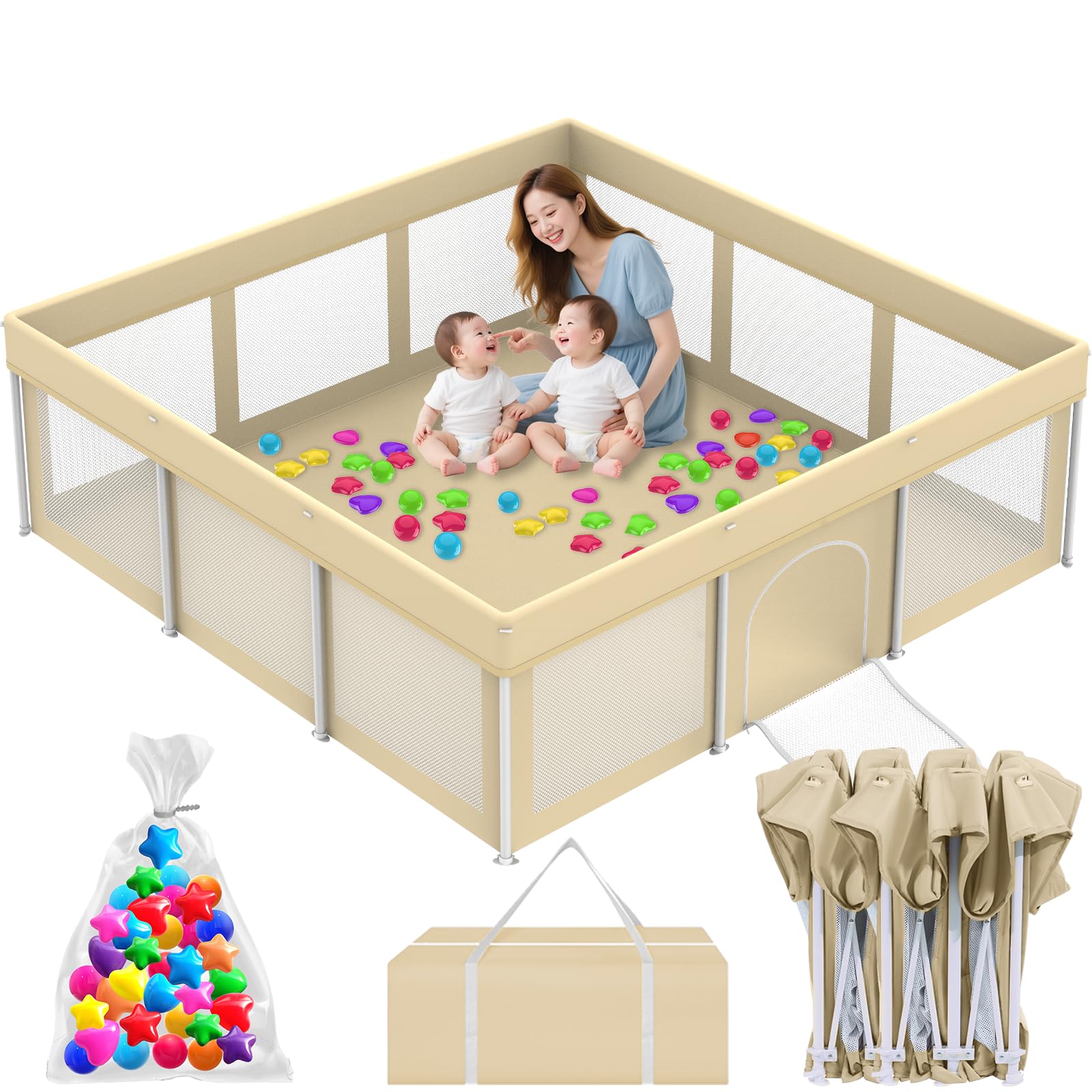 Coilace foldable large playpen beige front view for a safe, roomy baby play space.