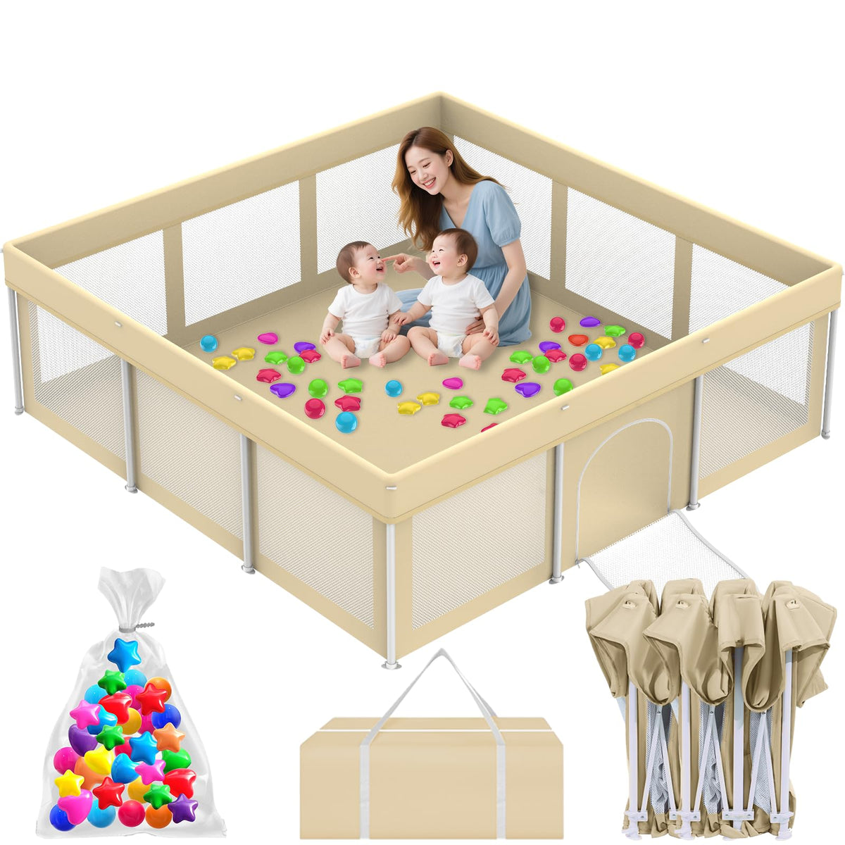 Coilace foldable large playpen beige front view for a safe, roomy baby play space.
