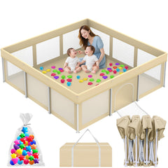 Coilace foldable large playpen beige front view for a safe, roomy baby play space.