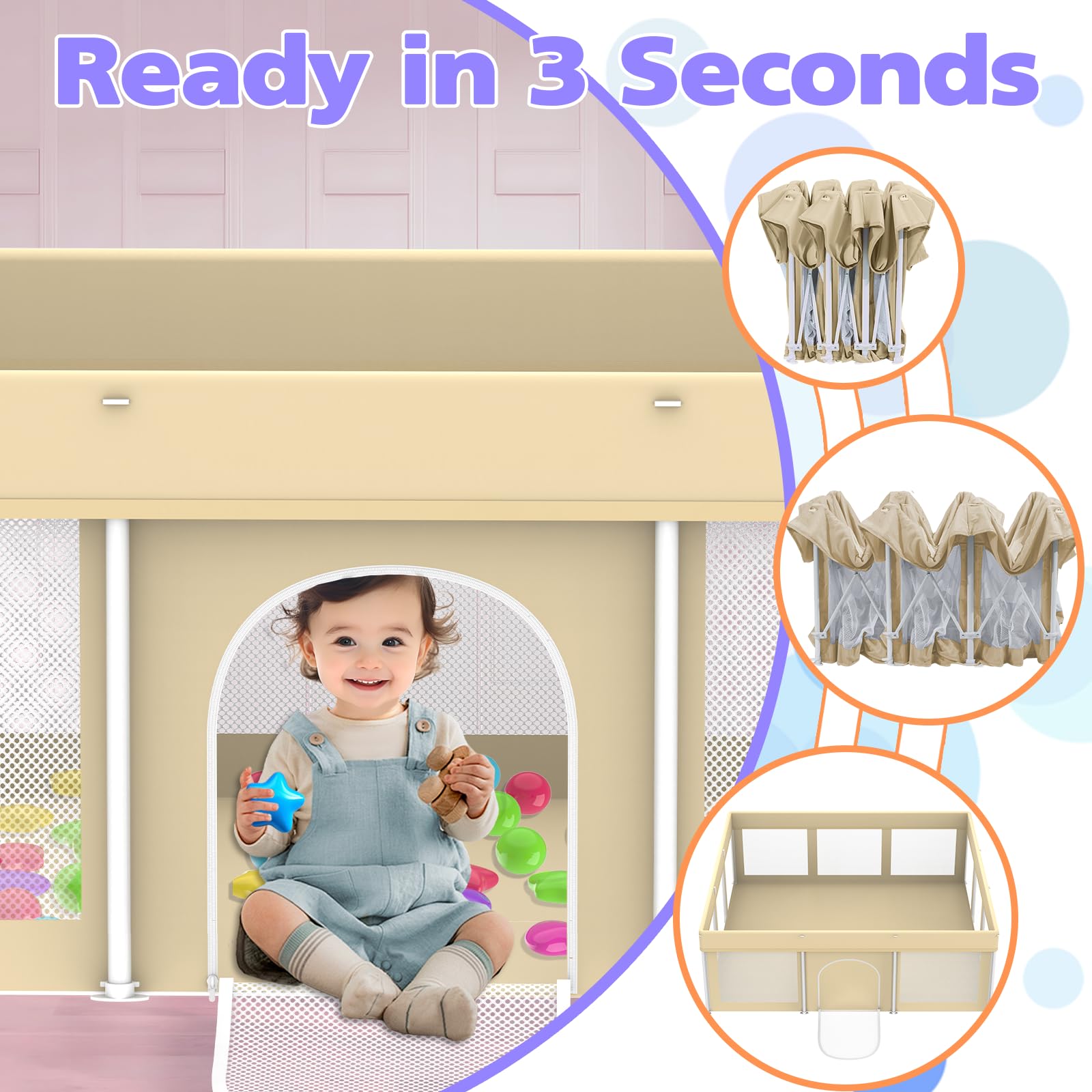 Coilace foldable large playpen beige top-down view demonstrates airy protection in compact form.