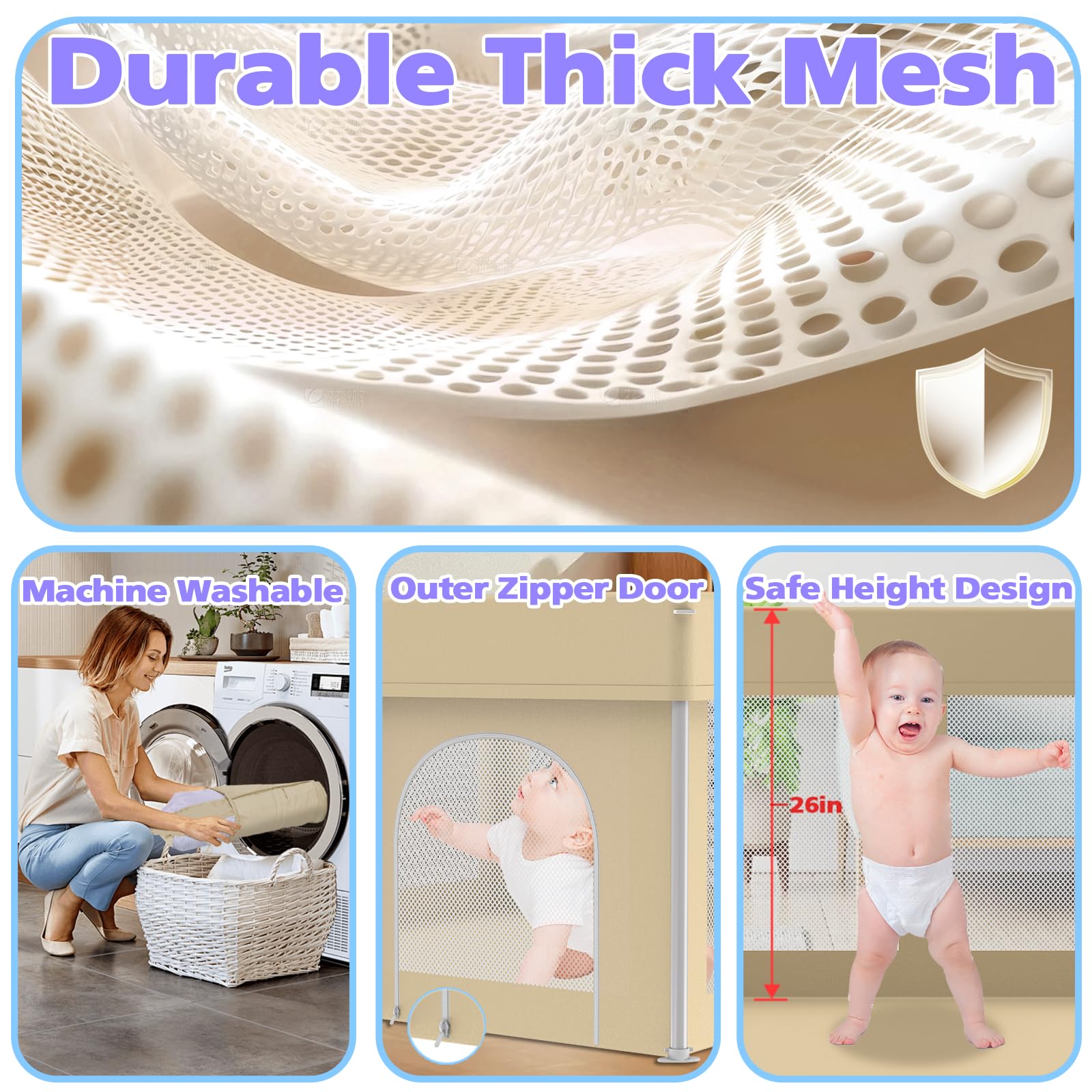 Coilace foldable playpen features 360-degree breathable mesh for airflow and visibility.