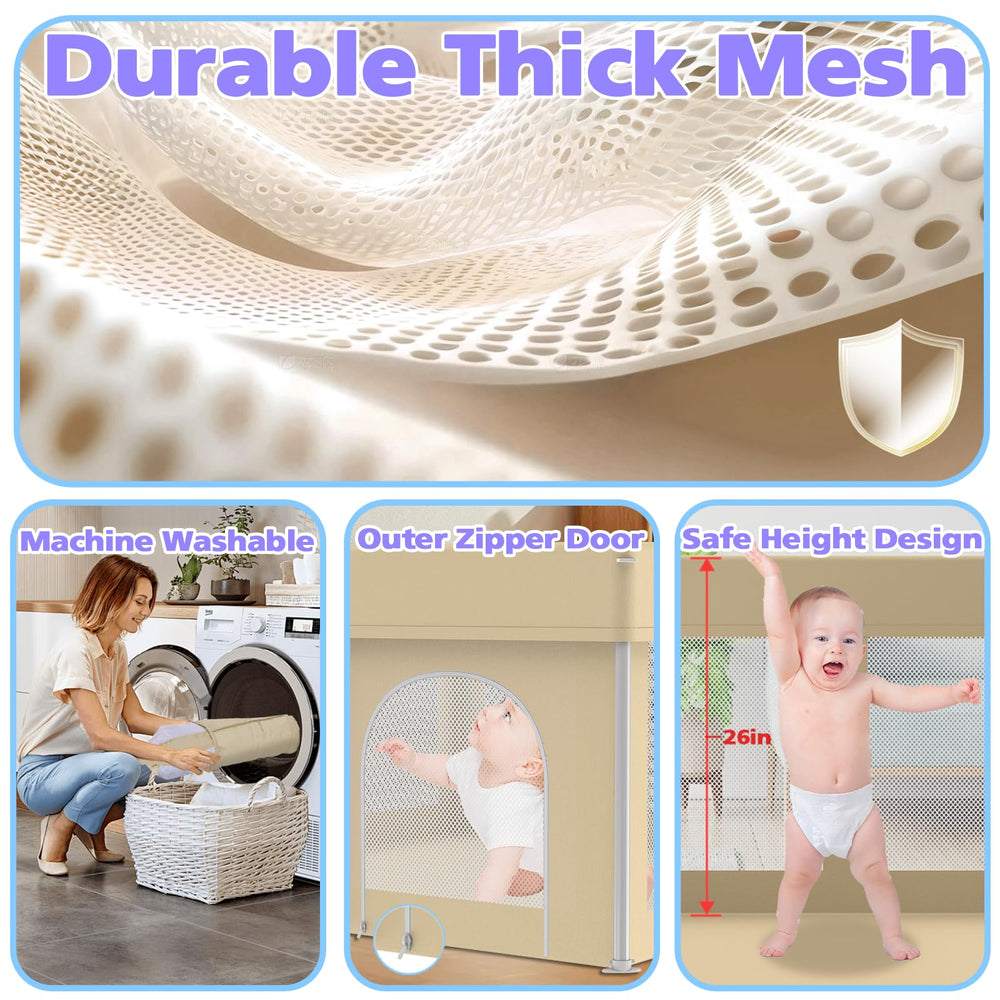 Coilace foldable playpen features 360-degree breathable mesh for airflow and visibility.