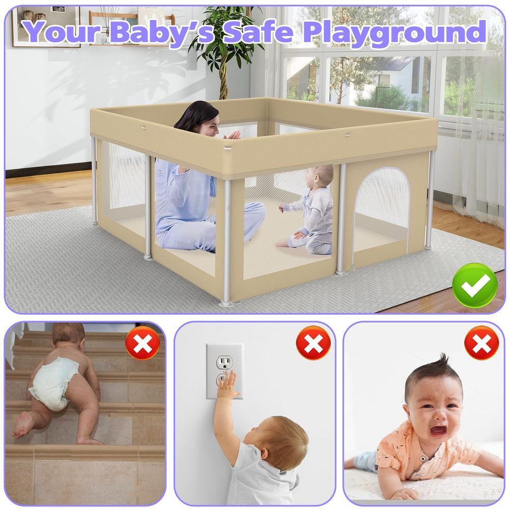 Coilace foldable playpen provides a spacious 50x50 inch play area for safe play.