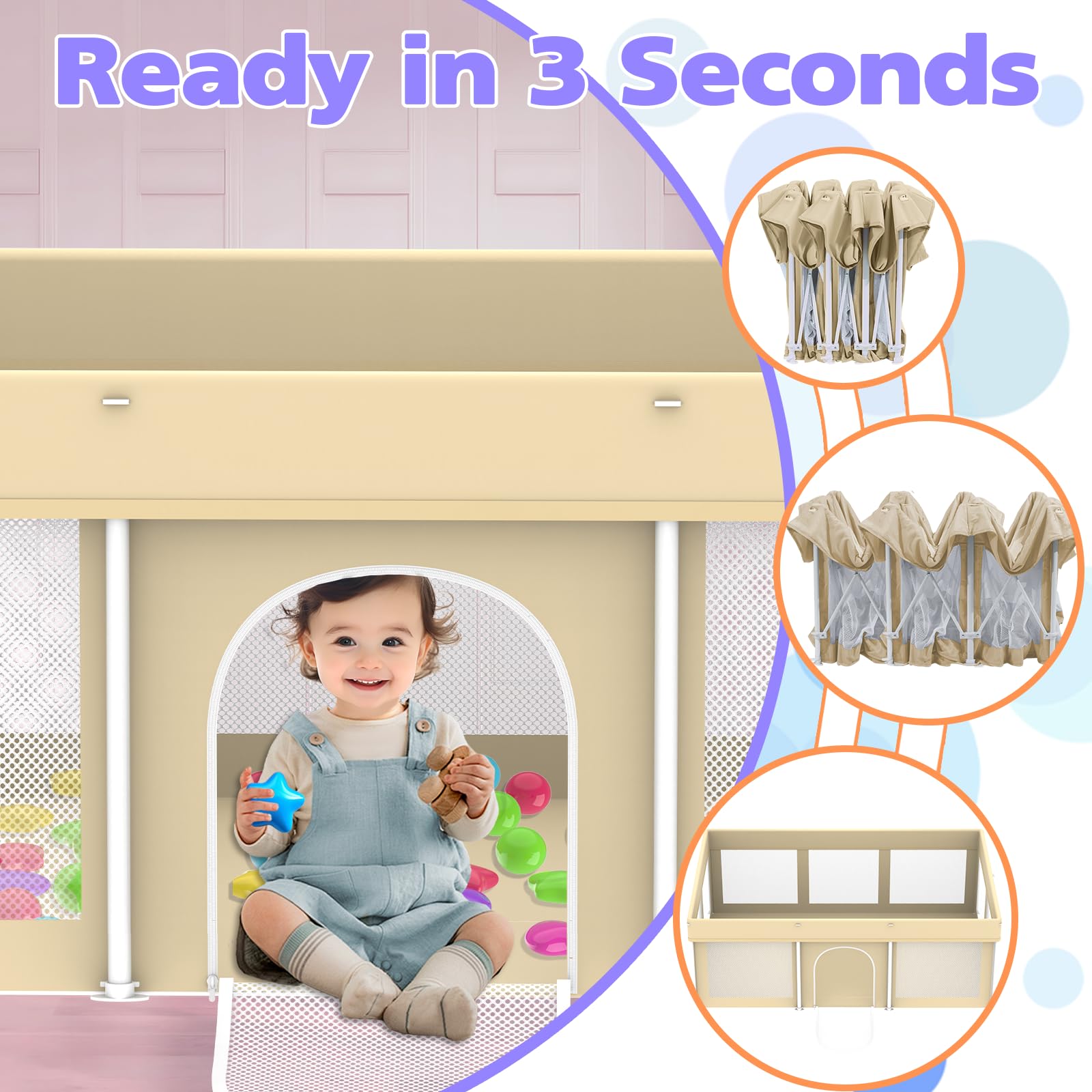 Coilace foldable playpen beige with carry bag set up in seconds.