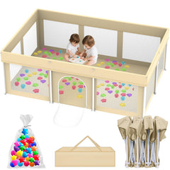 Coilace foldable playpen beige folded compactly for travel and storage.
