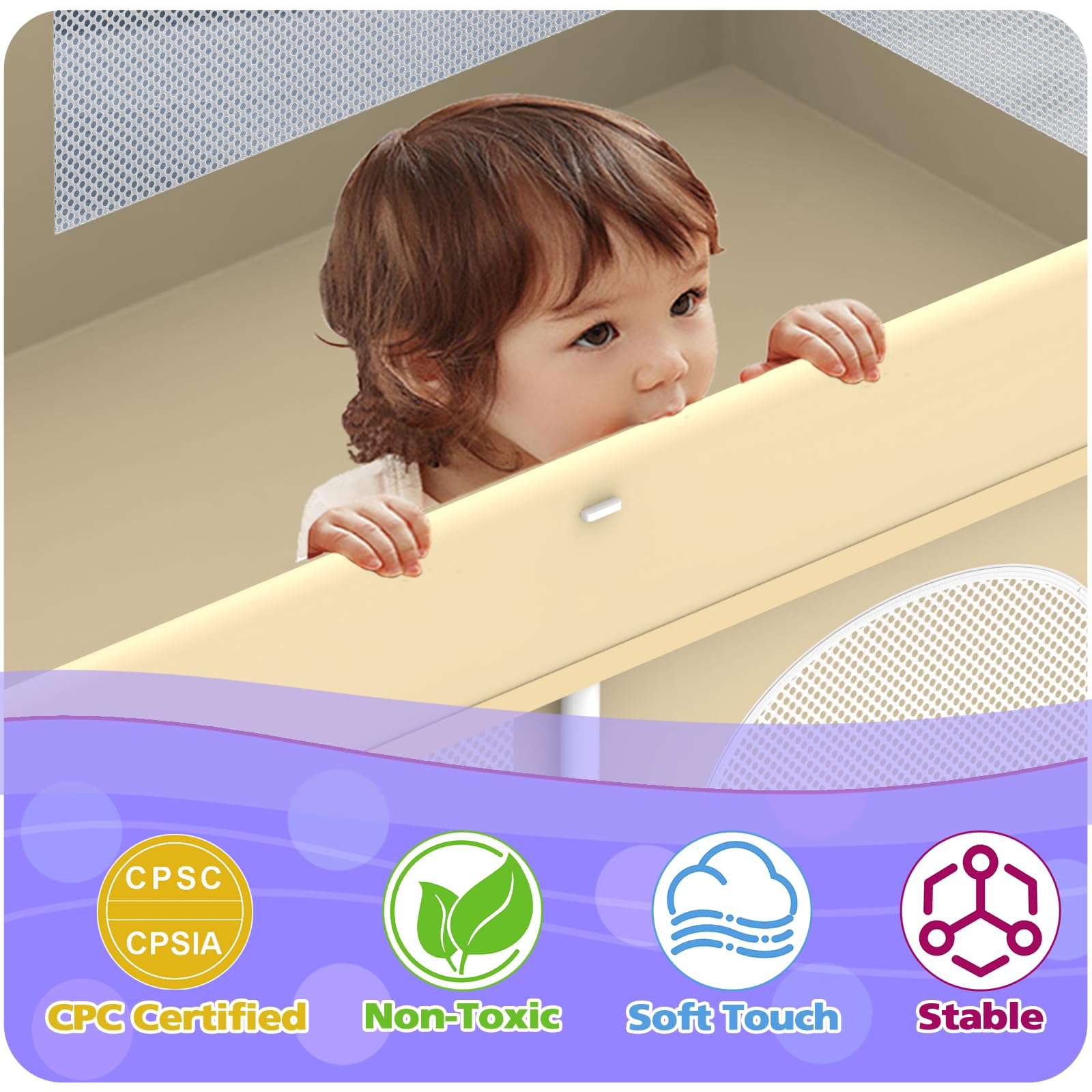 Coilace foldable playpen beige mesh panels promote airflow for comfortable play.