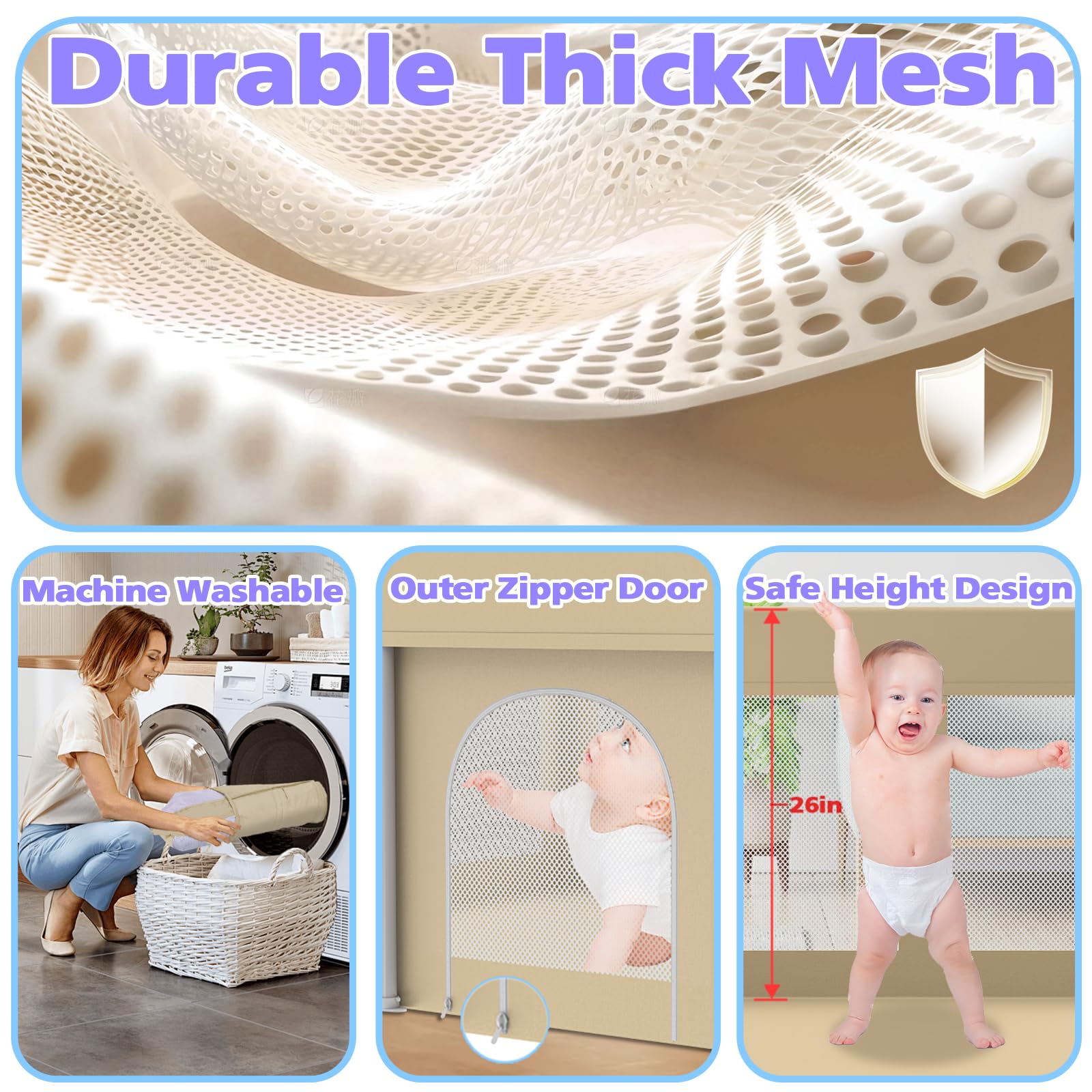 Coilace foldable playpen beige unfolded with breathable mesh panels for visibility.