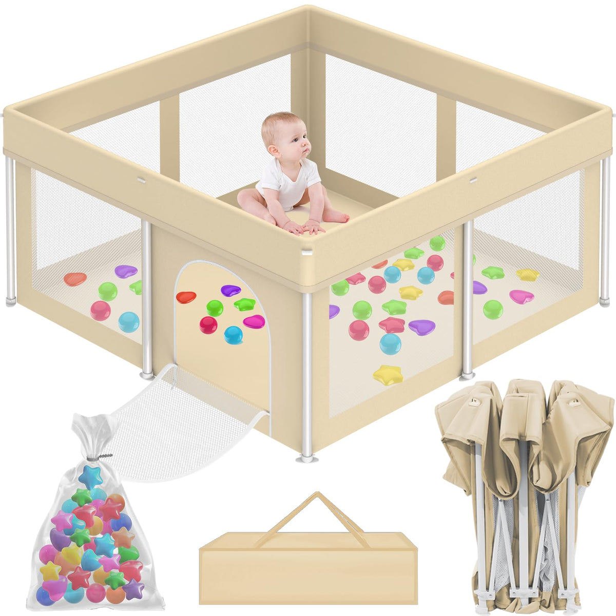 Coilace foldable playpen compact fold with carry bag for easy travel.