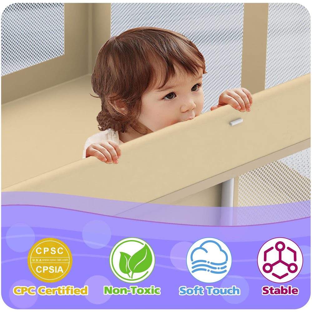 Coilace foldable playpen removable fabric for easy machine washing.
