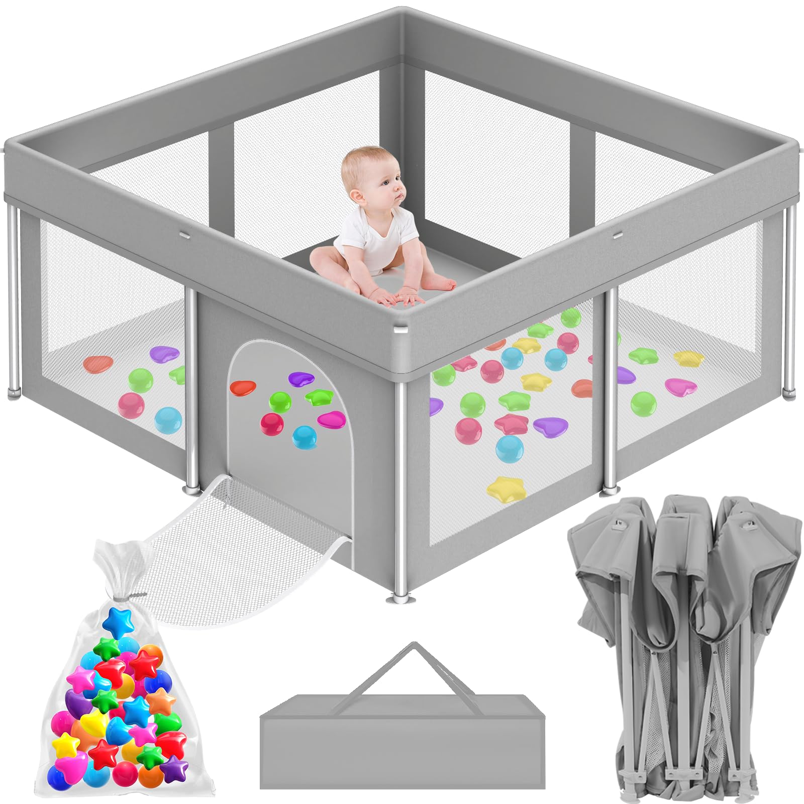 Coilace foldable playpen setup shows spacious 50x50 inch play area for safe indoor play.