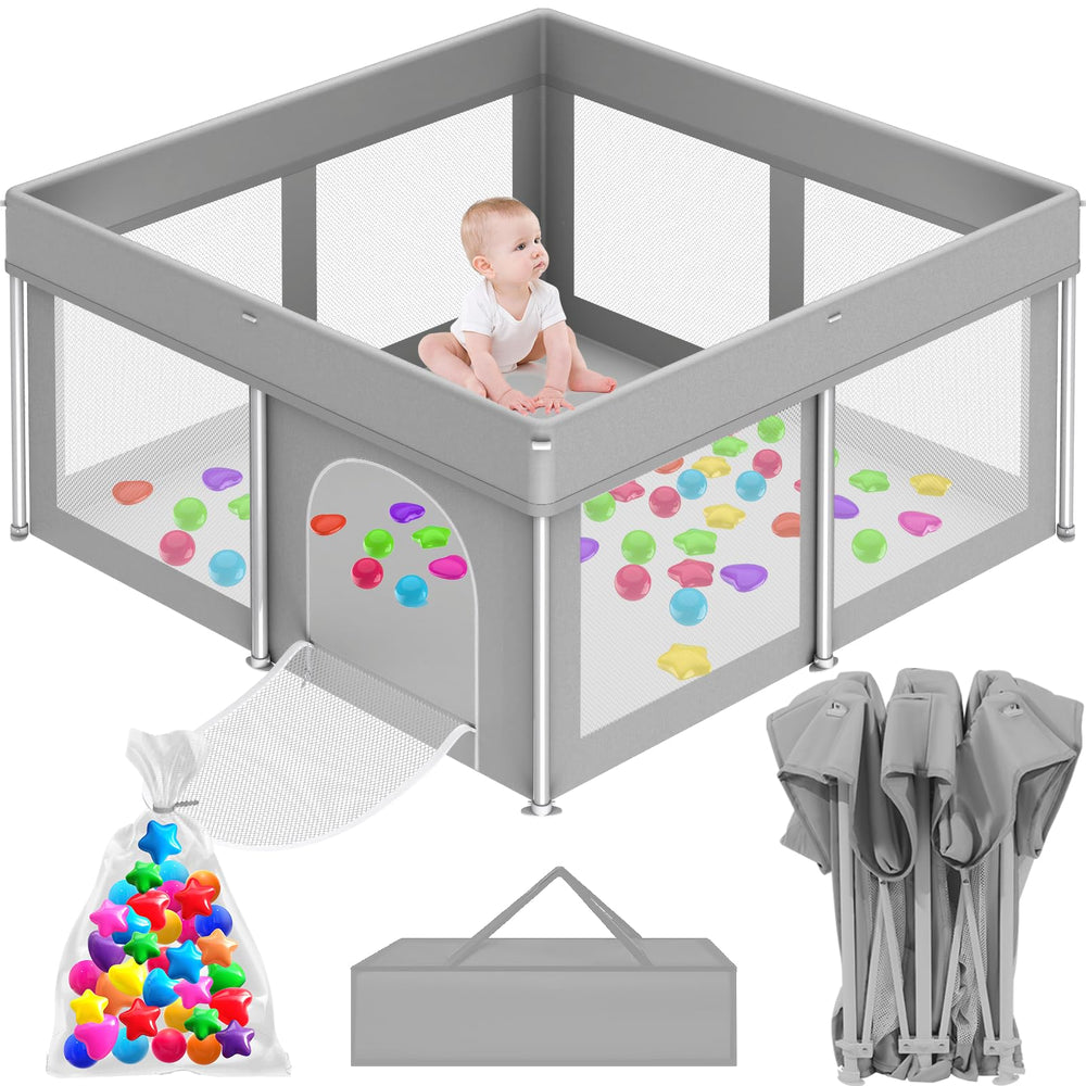 Coilace foldable playpen setup shows spacious 50x50 inch play area for safe indoor play.