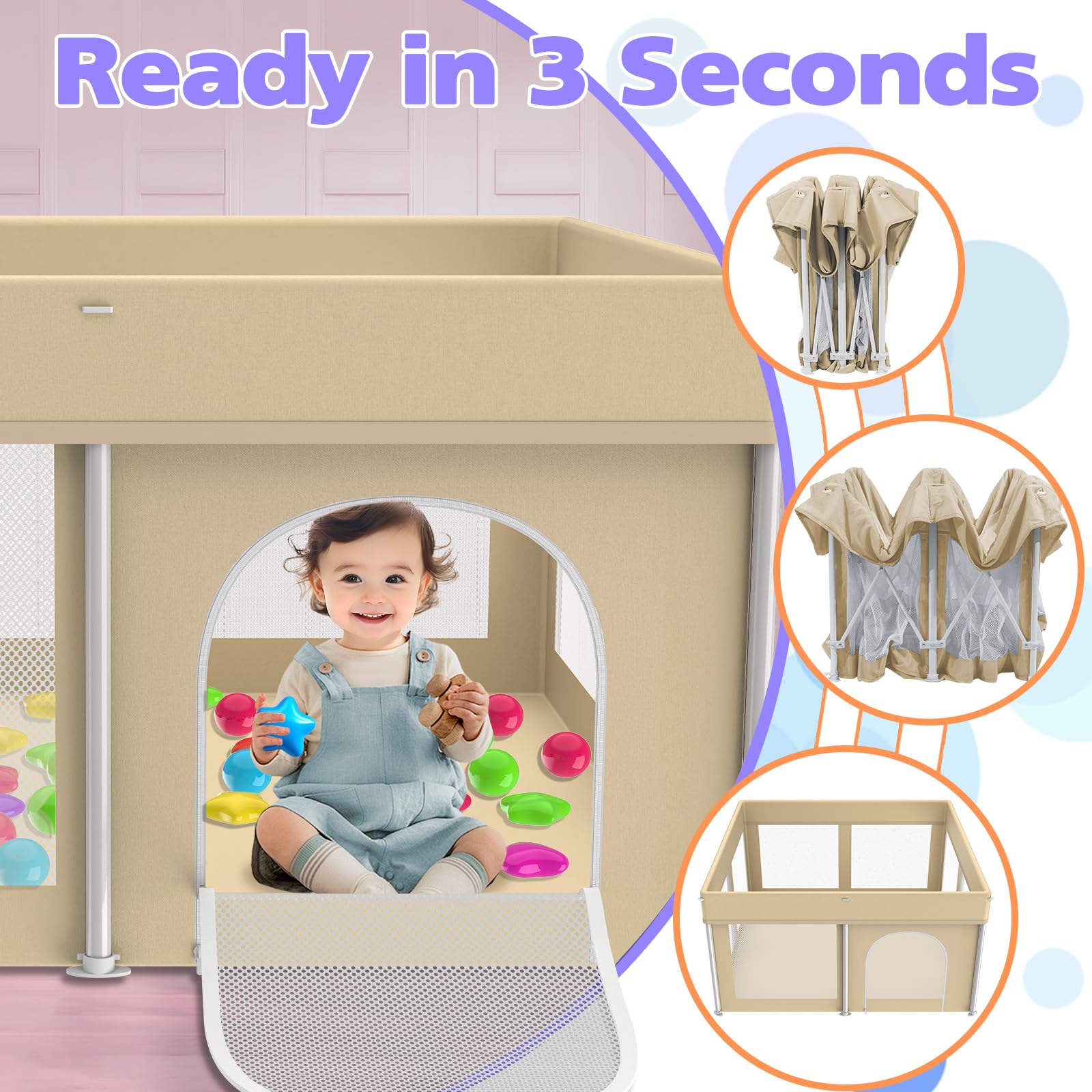 Coilace foldable playpen unfolded showing no-assembly setup for quick use.