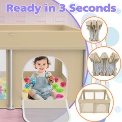 Coilace foldable playpen unfolded showing no-assembly setup for quick use.
