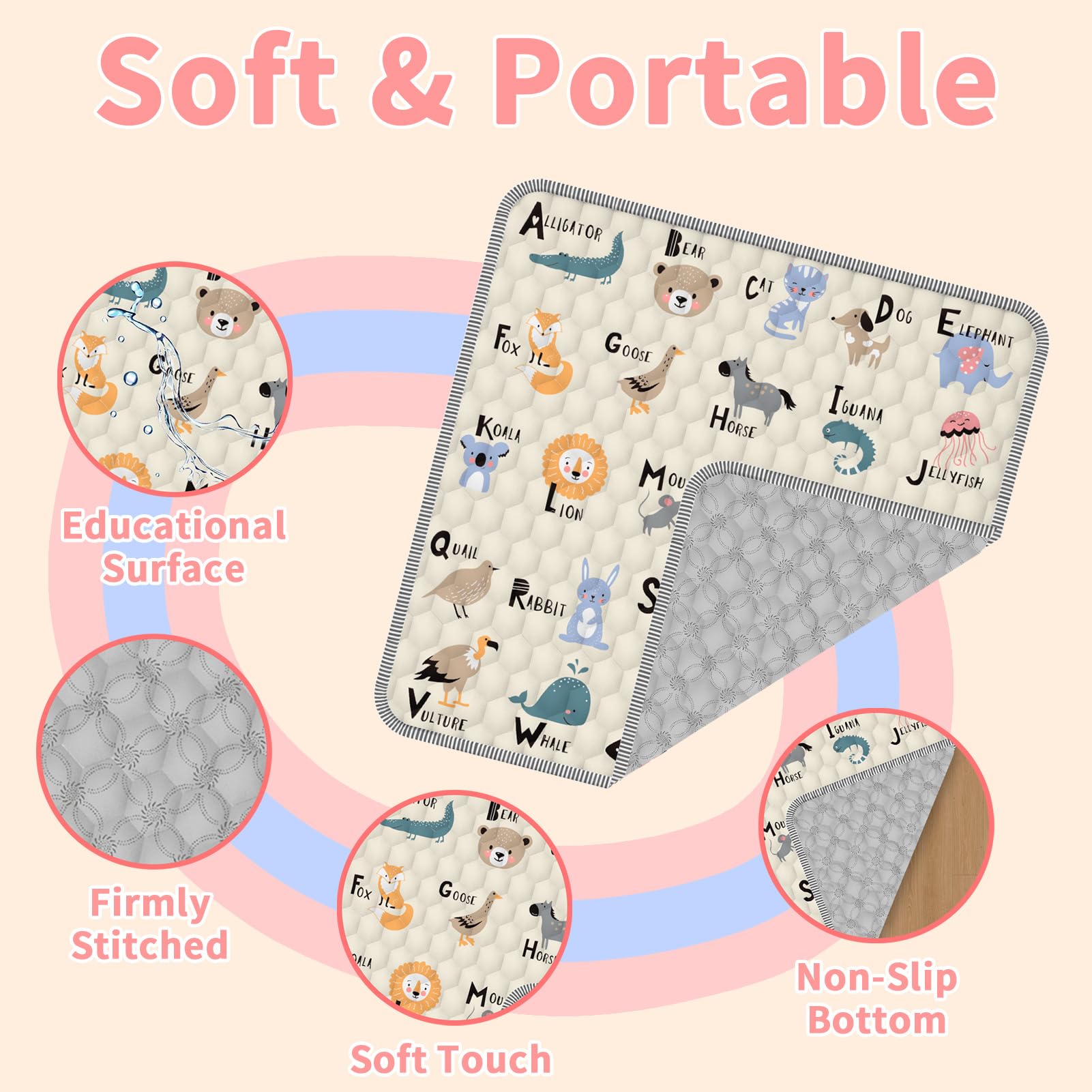 Coilace play mat with non-slip backing stays in place on floors.