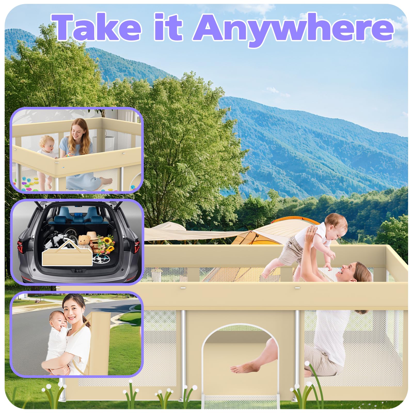 Coilace beige playpen image showing no-assembly setup for quick use.