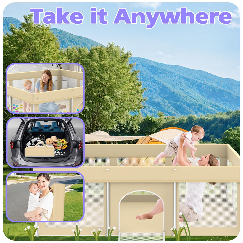Coilace beige playpen image showing no-assembly setup for quick use.