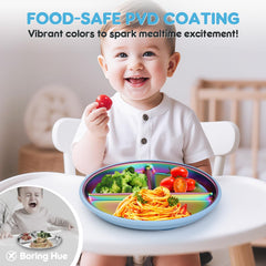 Coinicxcel stainless steel plate with suction base stays secure on a high chair