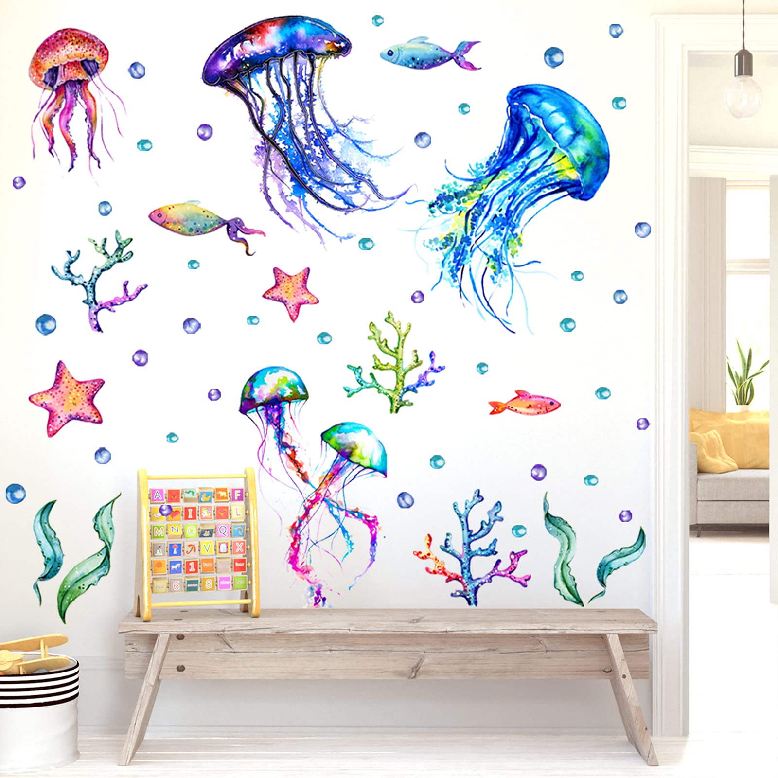 COKOYY jellyfish wall sticker showcases bubbles for playful, educational sea-life decor.