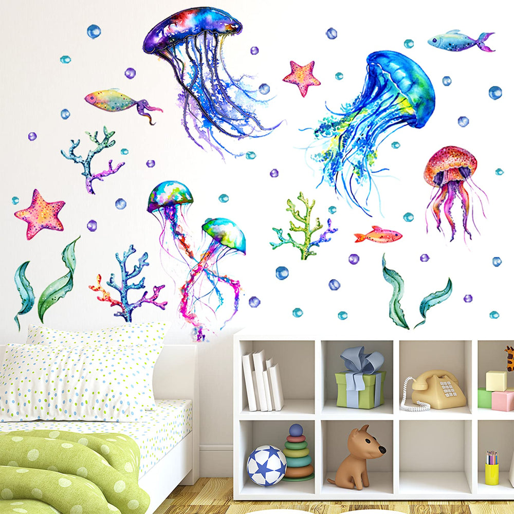 COKOYY Ocean Jellyfish Wall Decal focuses jellyfish scene to brighten kids' room and spark imagination.