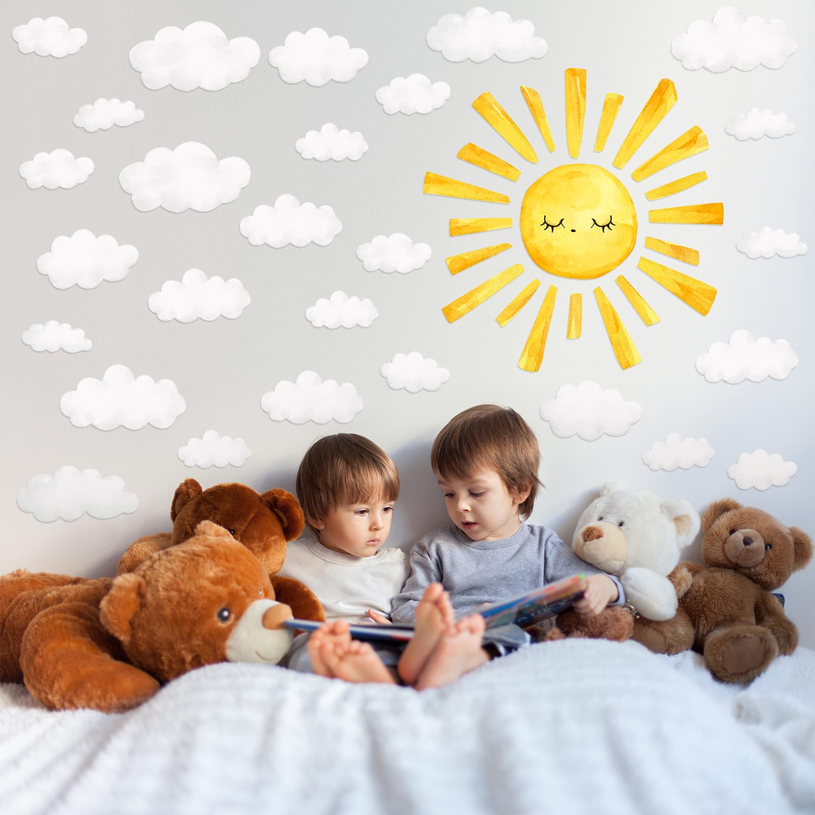 Colarr watercolor sun decals promote imaginative wall storytelling for toddlers.