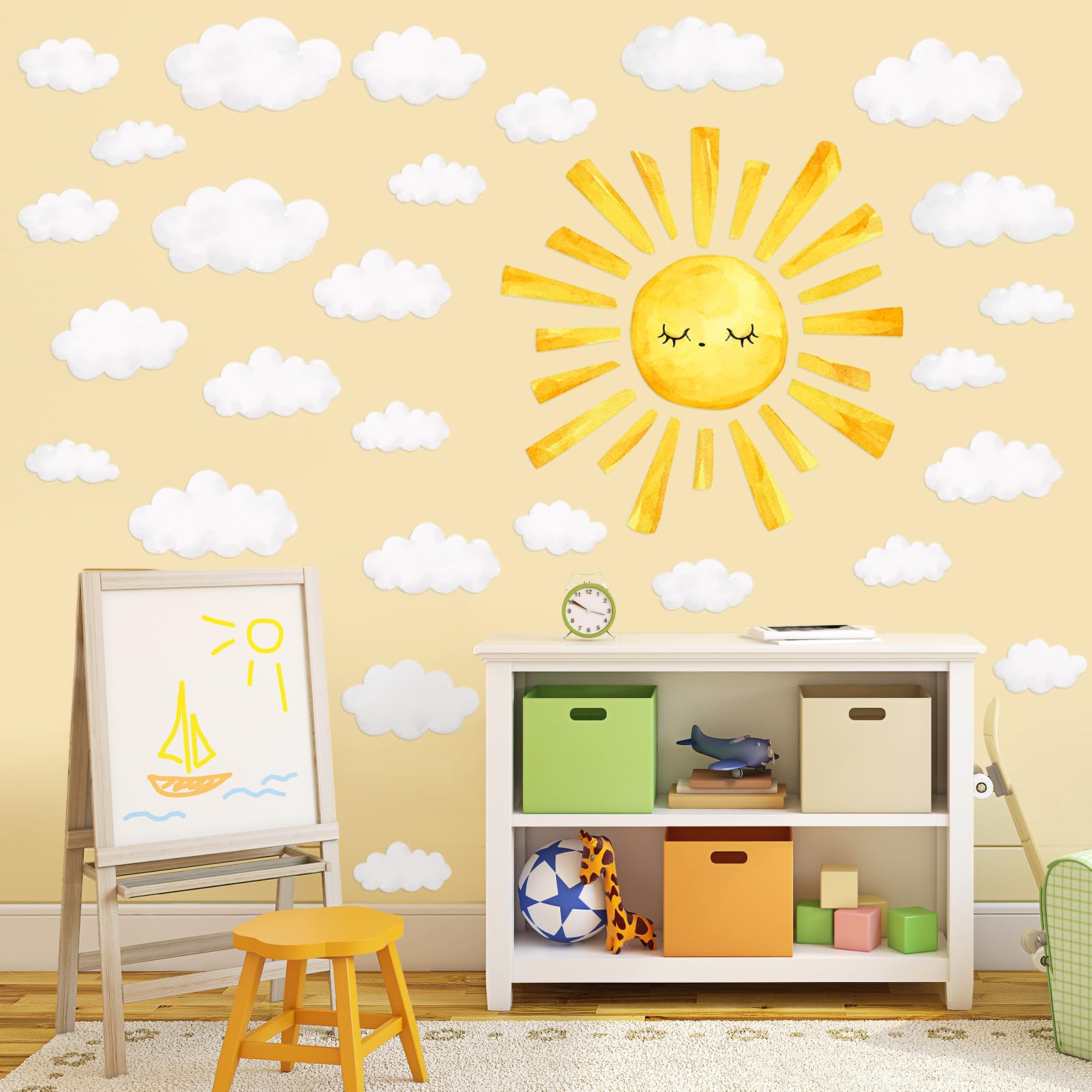 Colarr sun and clouds PVC decals are removable and waterproof for smooth surfaces.