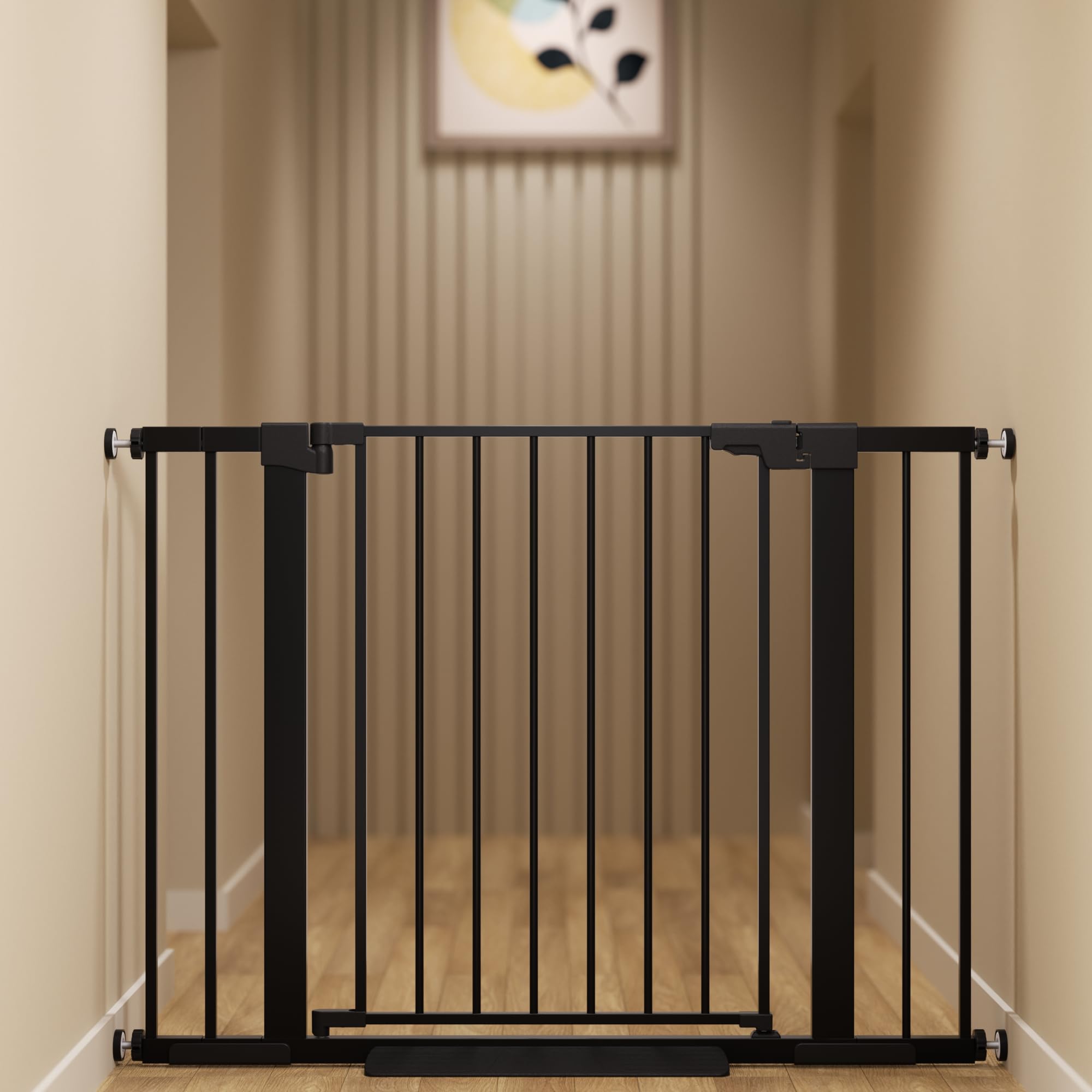 Colbabe gate shows one-hand operation for easy doorway access and hands-free use