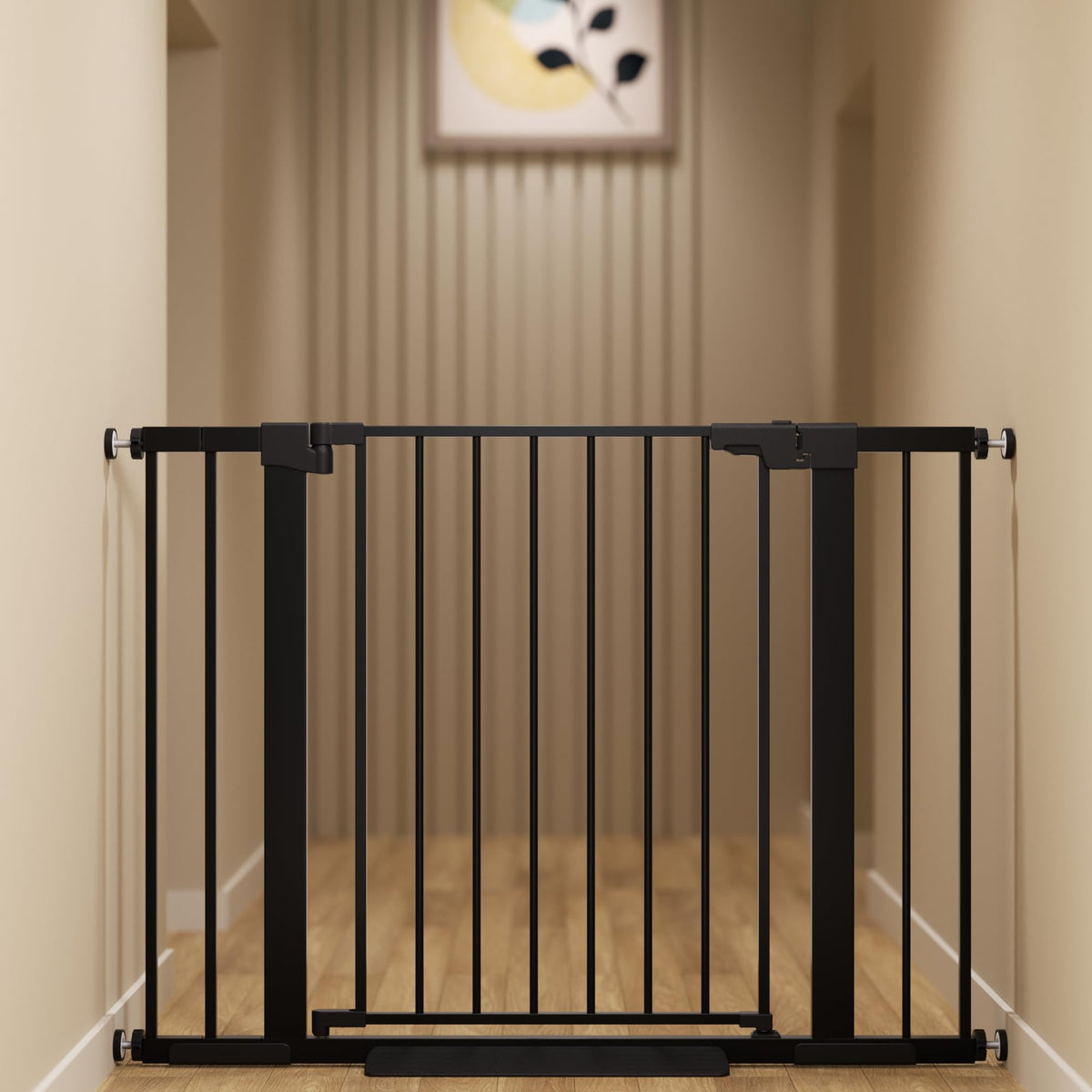 Colbabe gate shows one-hand operation for easy doorway access and hands-free use
