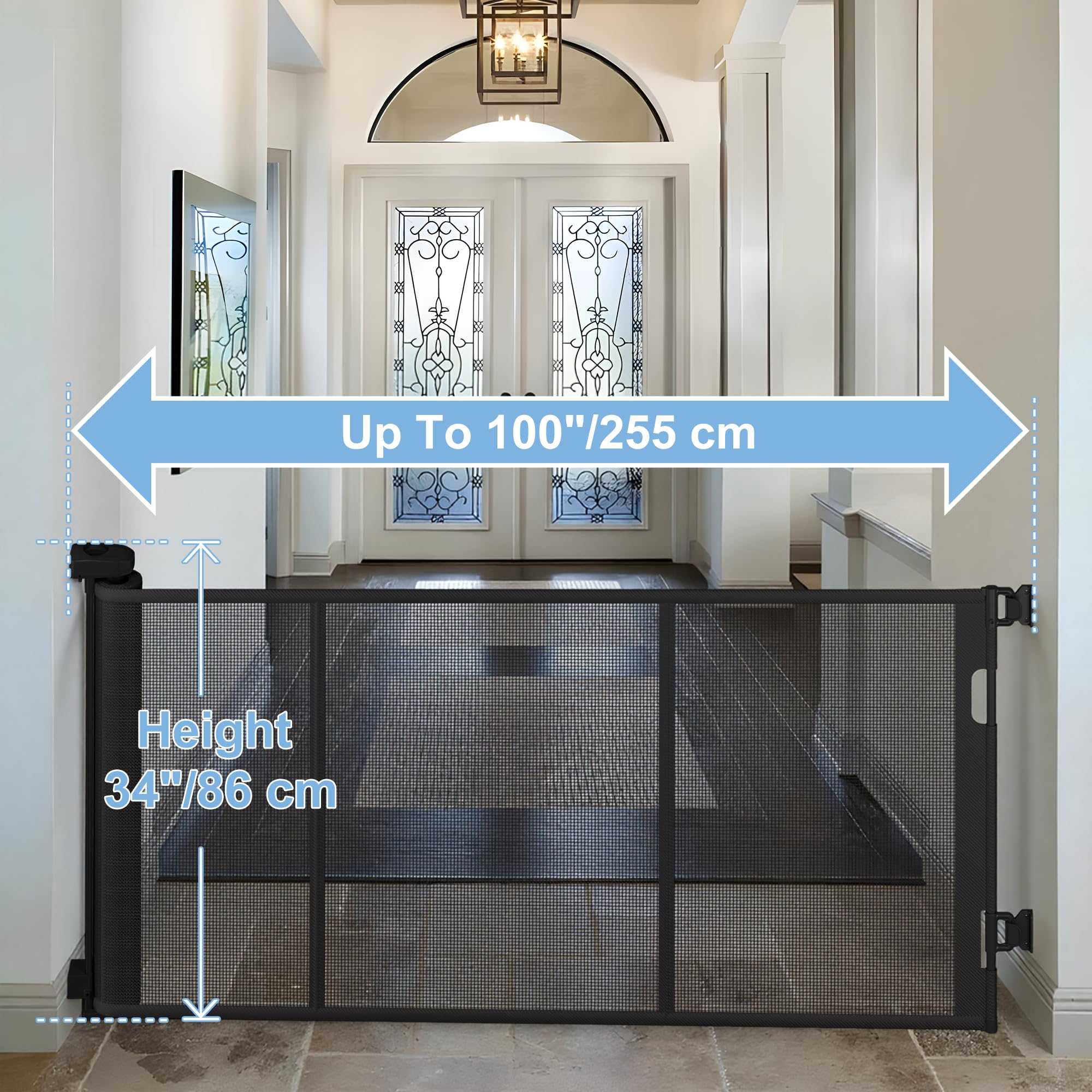 Colbabe retractable gate wide-entrance ideal for open floor plans.