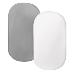 Coldwind bassinet sheet set two-pack gray and white, ultra-soft microfiber for gentle sleep.