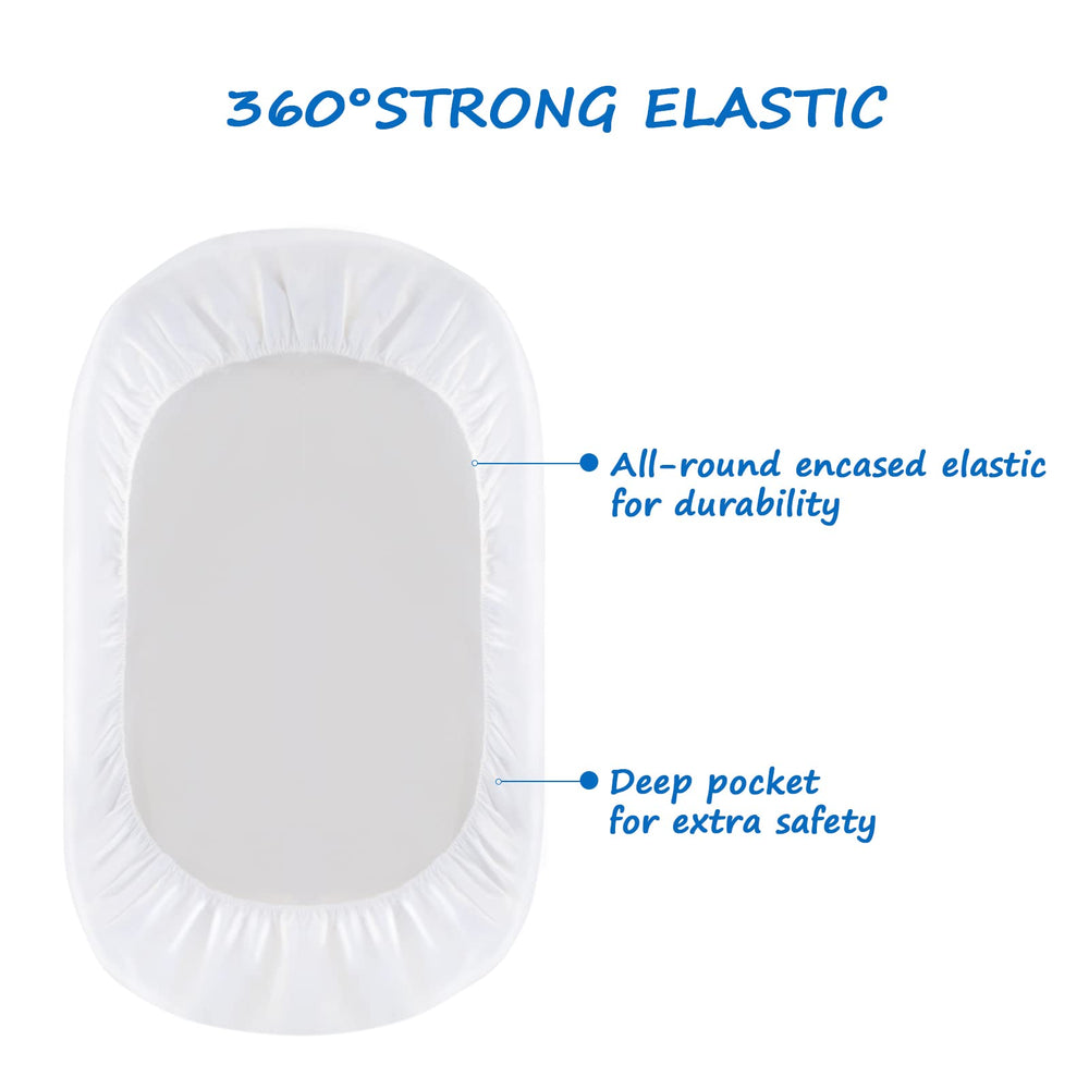 Coldwind bassinet sheets snug-fit at 32x16x4 fit oval, rectangle, hourglass shapes securely.