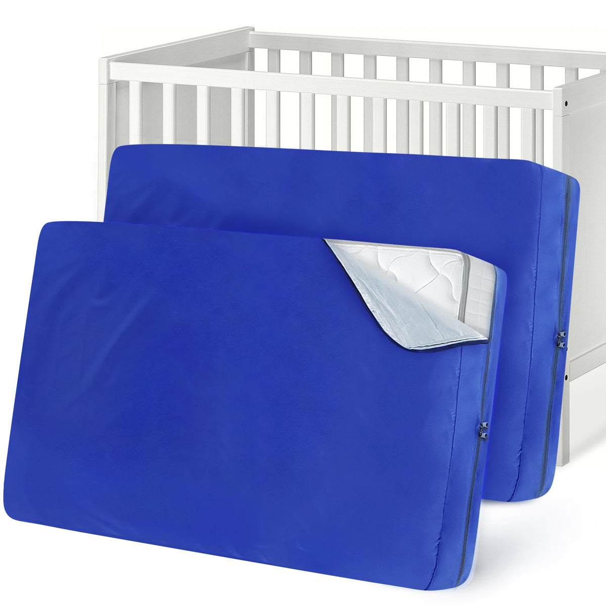 Coldwind crib mattress bag blue two-pack closed protects during moving and storage.