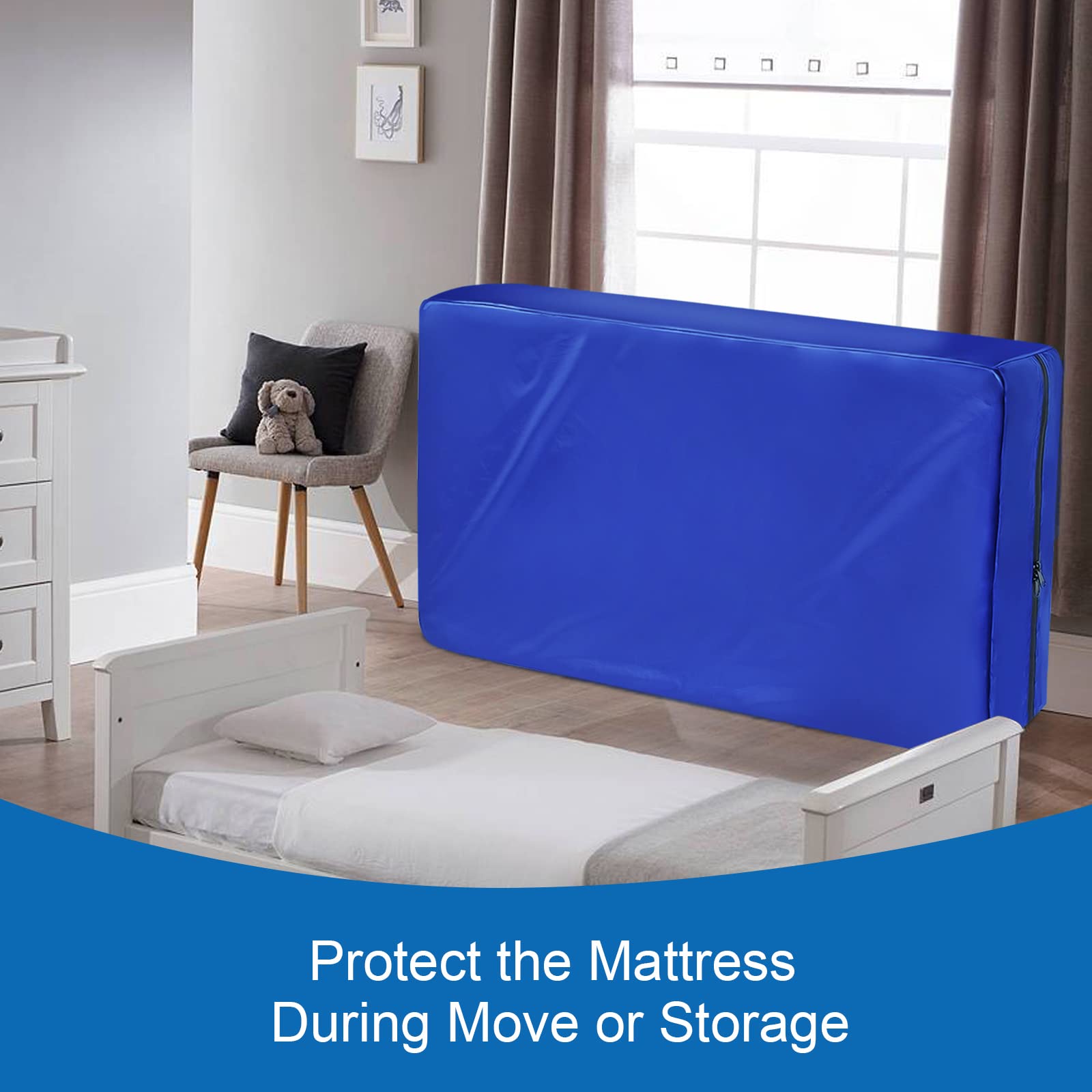 Coldwind crib mattress bag blue two-pack zipper open for easy mattress insertion.