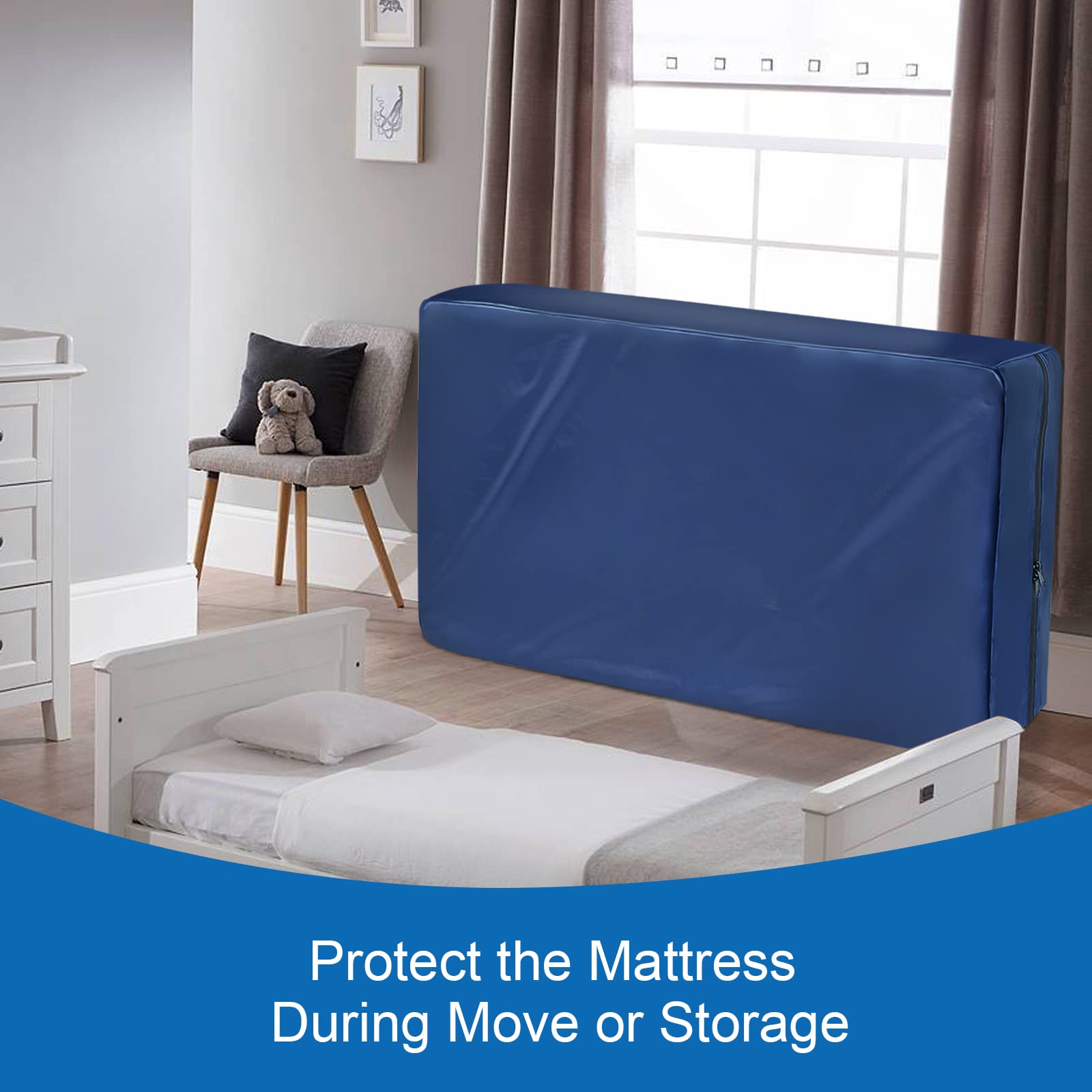 Coldwind crib mattress bag navy open with mattress for easy insertion.