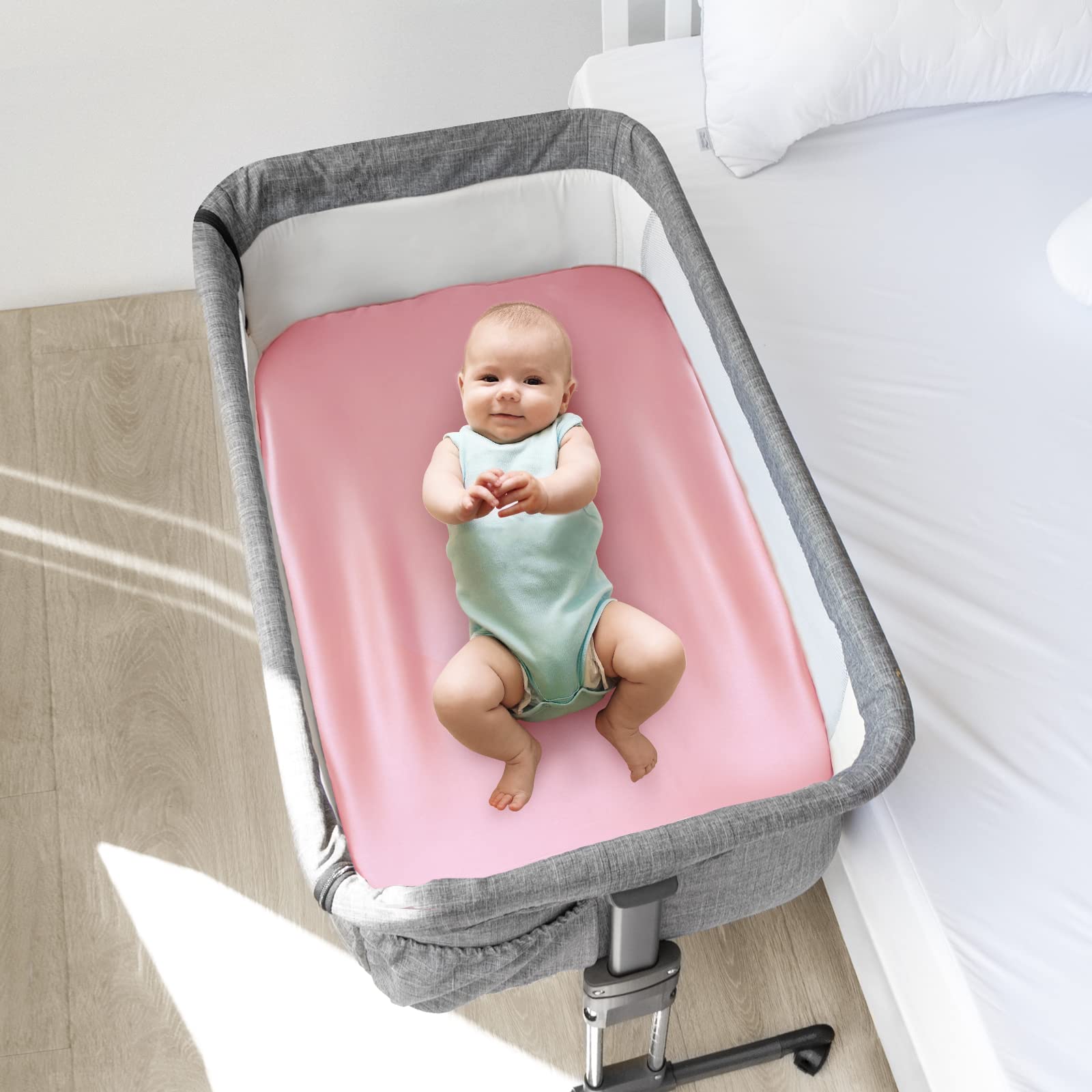 Coldwind satin bassinet sheet 2-pack highlights value and long-lasting softness.
