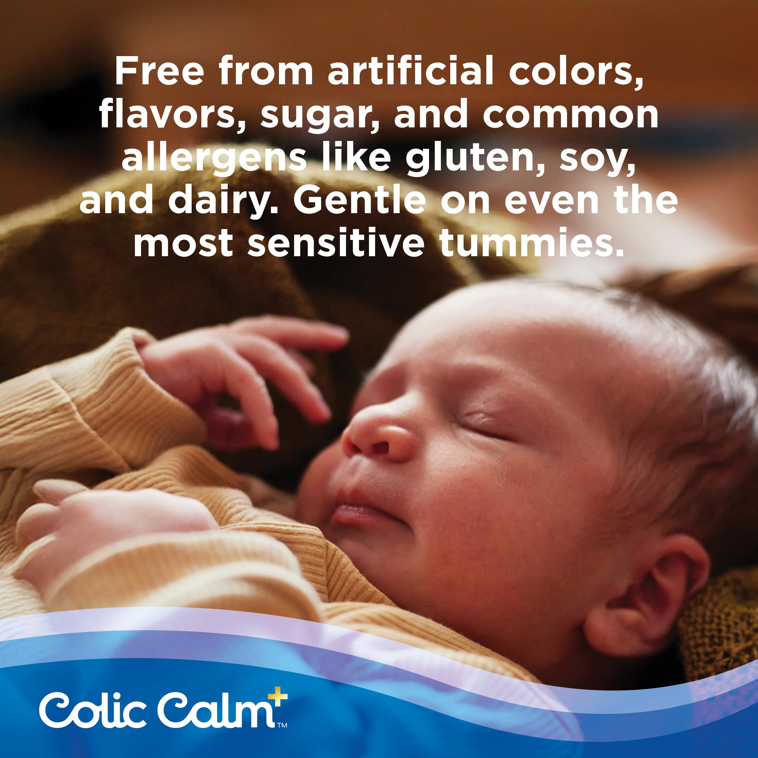 Colic Calm Plus label closeup emphasizes safe, natural ingredients and allergy-friendly formula.