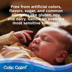 Colic Calm Plus label closeup emphasizes safe, natural ingredients and allergy-friendly formula.