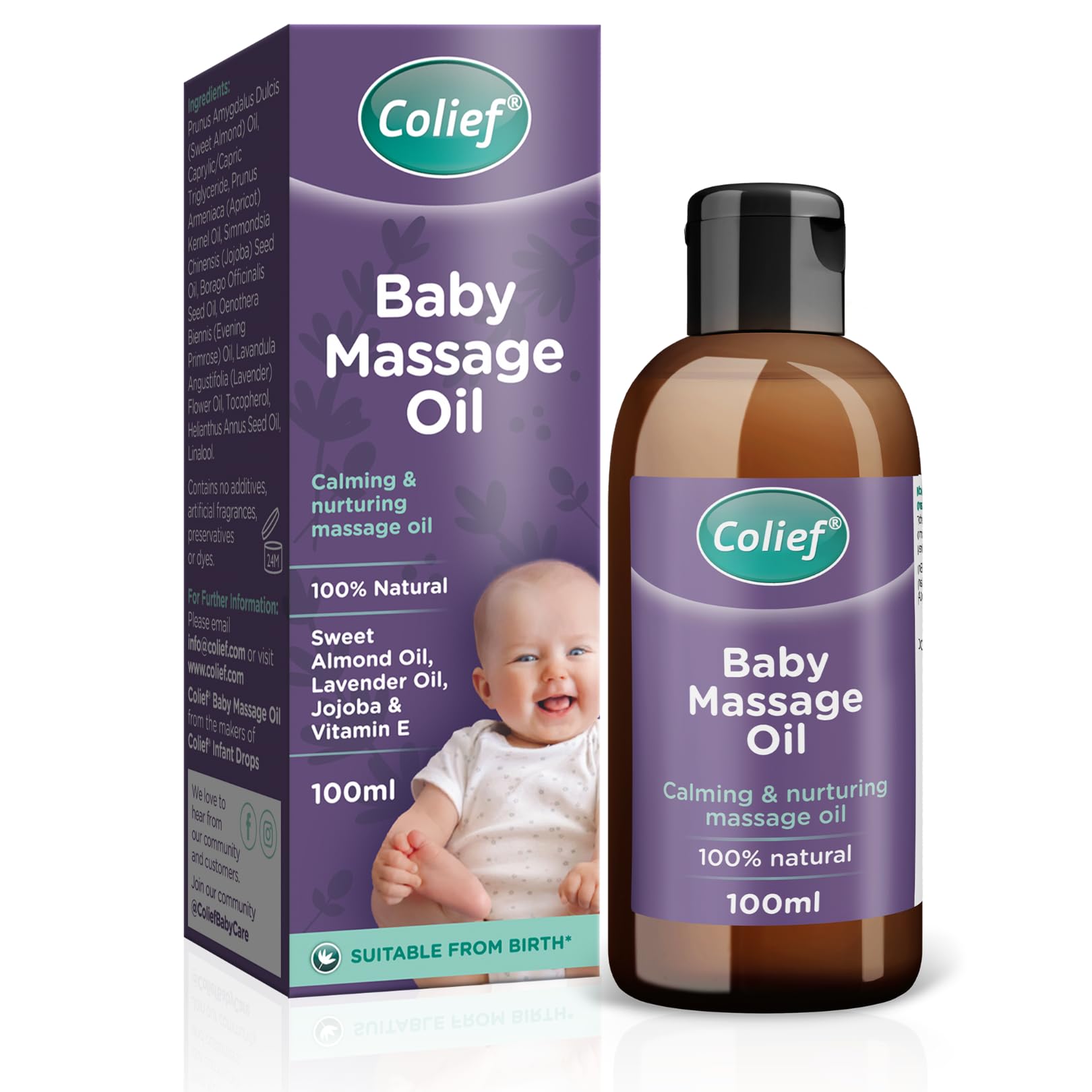 Colief Baby Massage Oil bottle shown with hands for a gentle, soothing massage.