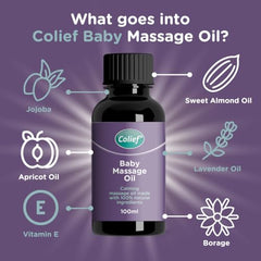 Colief Baby Massage Oil close-up on jojoba and vitamin E for healthy skin.
