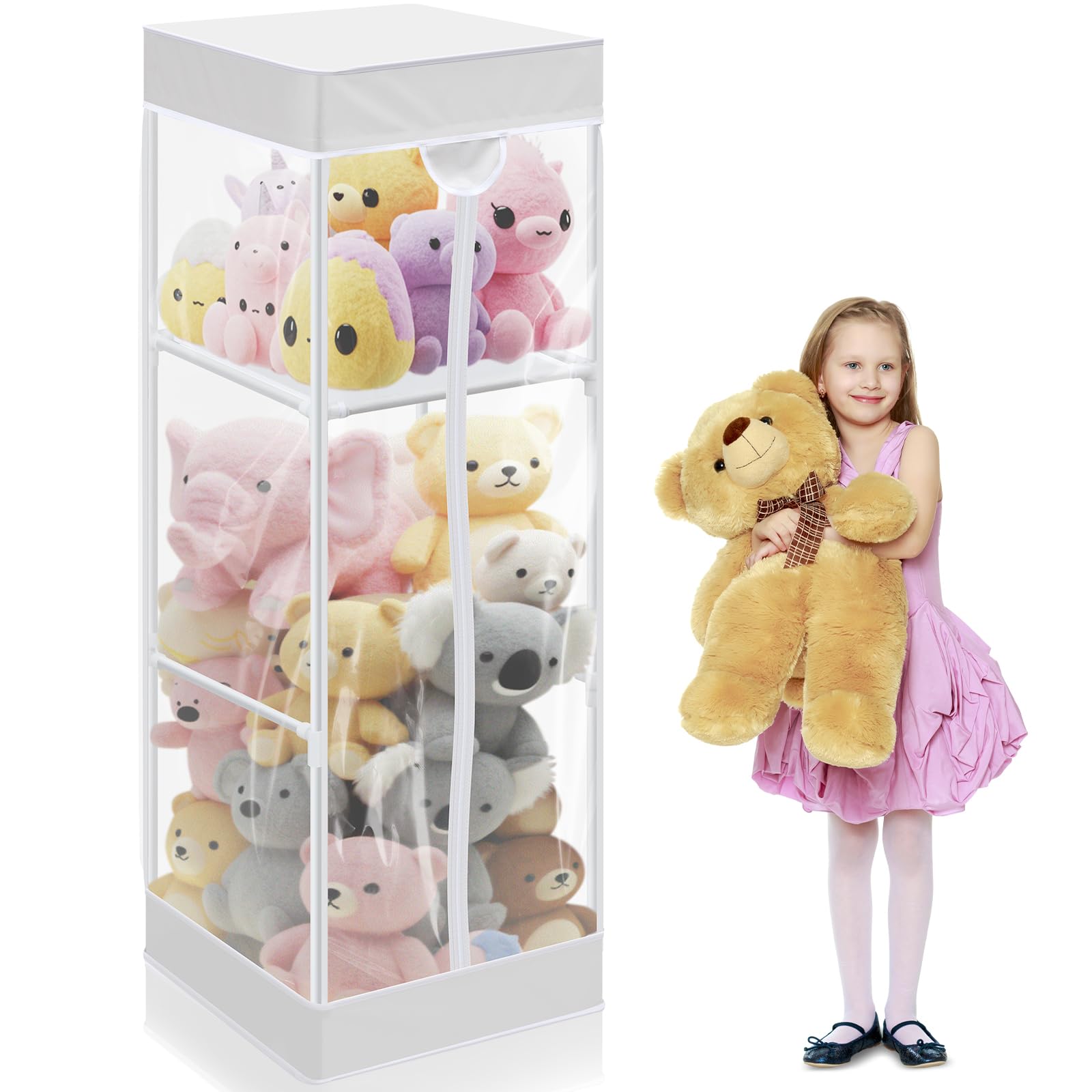 Colingmill 2-tier plush toy storage organizer in white keeps toys neatly organized and accessible for families.